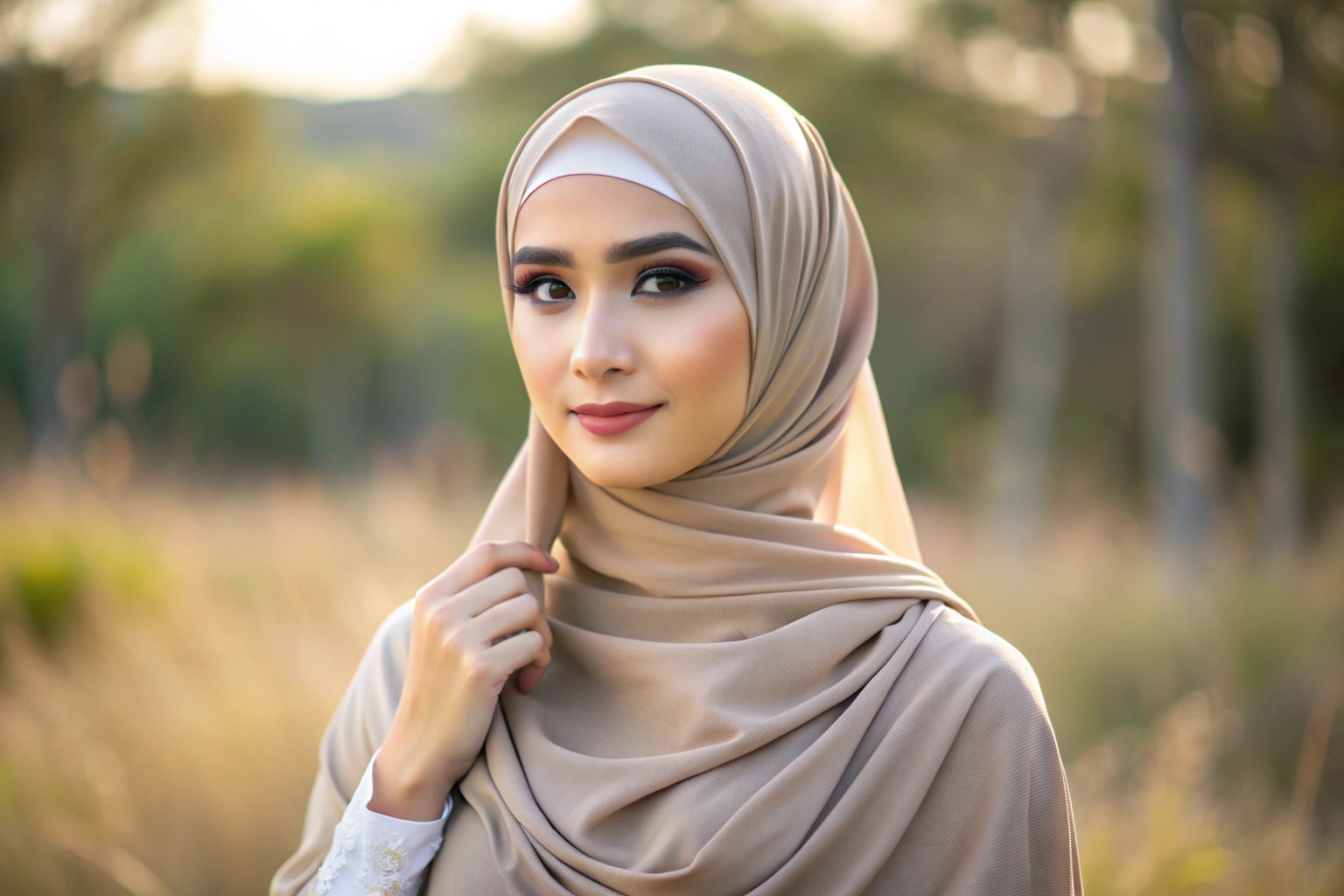 Eine Frau mit einem vielseitigen Hijab in einem neutralen Farbton, der locker um den Kopf gewickelt ist, vor einem natürlichen Hintergrund ohne erkennbare Elemente
