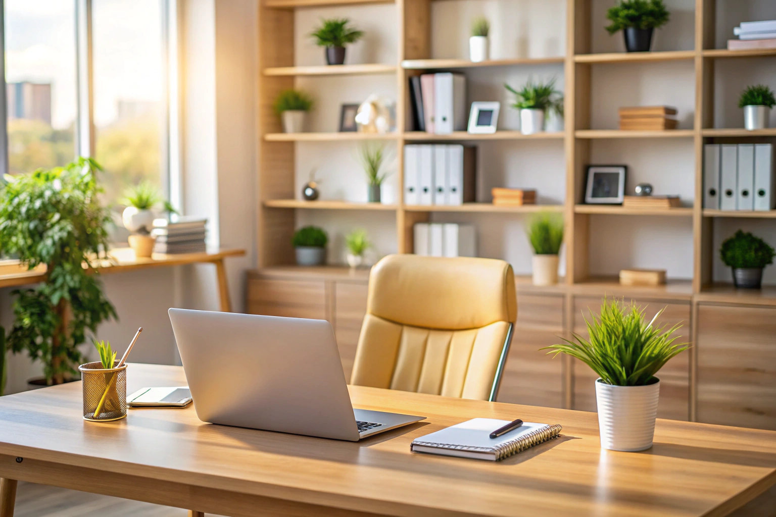 Ein ruhiges, modernes Büro mit einem Schreibtisch, auf dem ein Laptop und ein Notizbuch liegen, im Hintergrund verschwommene Regale mit Ordnern, alles in warmen, neutralen Farben gehalten