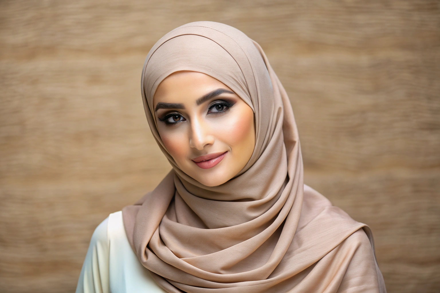 Ein hochwertiger, faltenfreier Hijab in einem dezenten Farbton, der sanft auf einem natürlichen Stoffhintergrund drapiert ist, um Eleganz und Alltagstauglichkeit zu symbolisieren