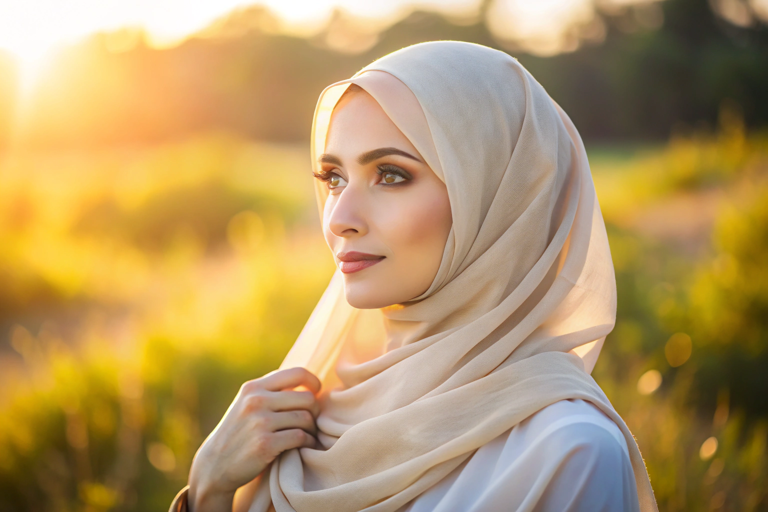 Eine Frau mit einem zarten, cremefarbenen Hijab, der locker um Kopf und Schultern drapiert ist, in einer sonnigen Landschaft mit unscharfem Hintergrund, um Privatsphäre zu wahren