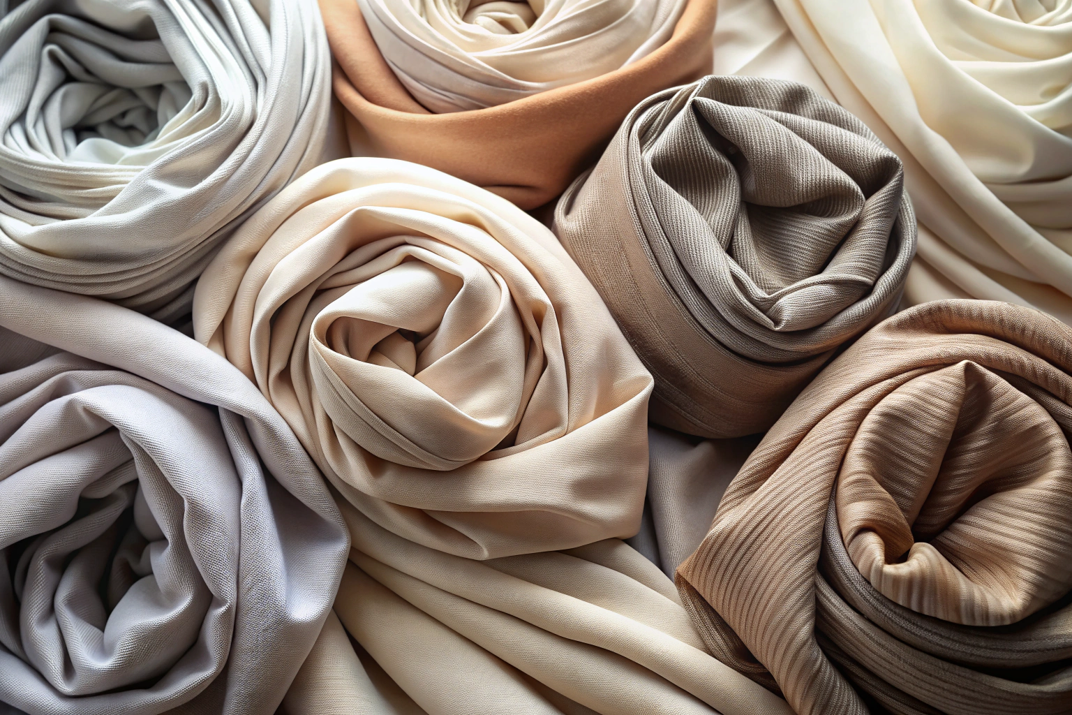 A close-up of various hijab fabrics in neutral colors, such as beige, gray, and white, arranged in soft folds on a plain surface, with natural light creating subtle shadows and highlighting the textures