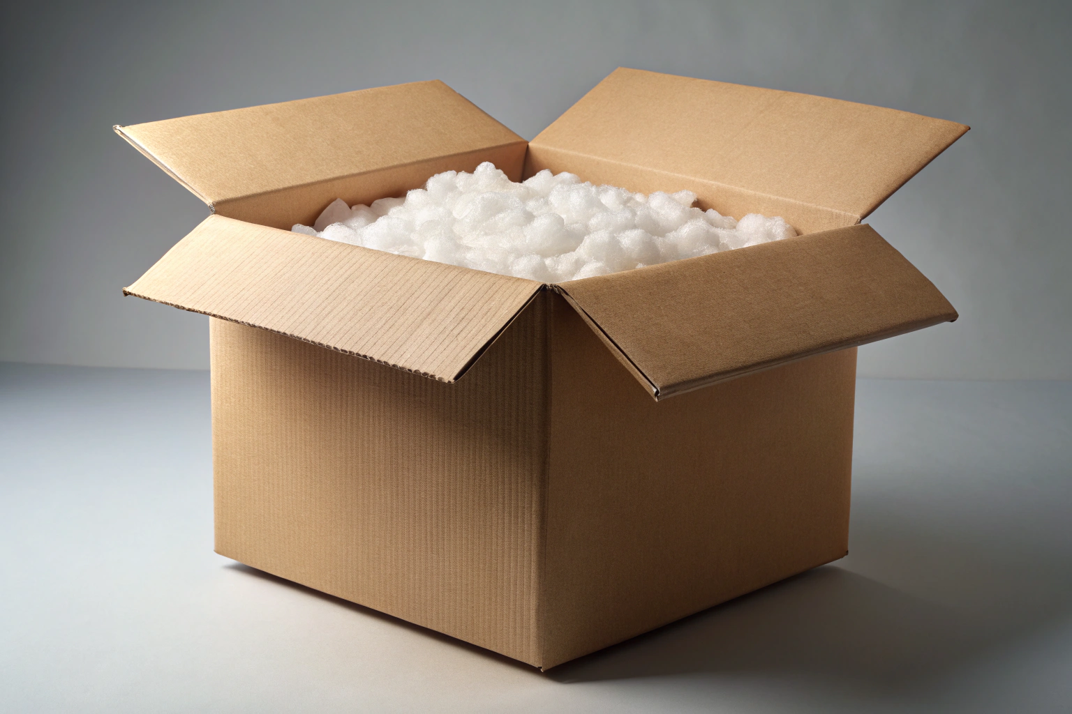 A clean, abstract depiction of a shipping box with protective padding inside, set against a neutral background, evoking trust and care in packaging