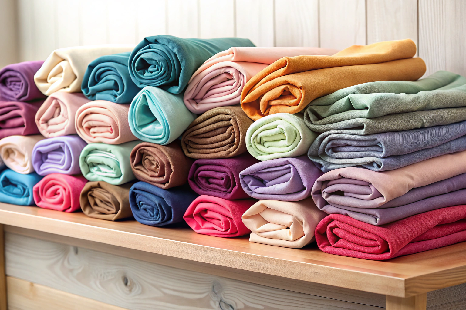 Ein gestapelter Haufen verschiedenfarbiger Hijabs aus weichen Materialien, sauber gefaltet und auf einem hellen Holzregal arrangiert, mit natürlichem Licht, das die Texturen betont
