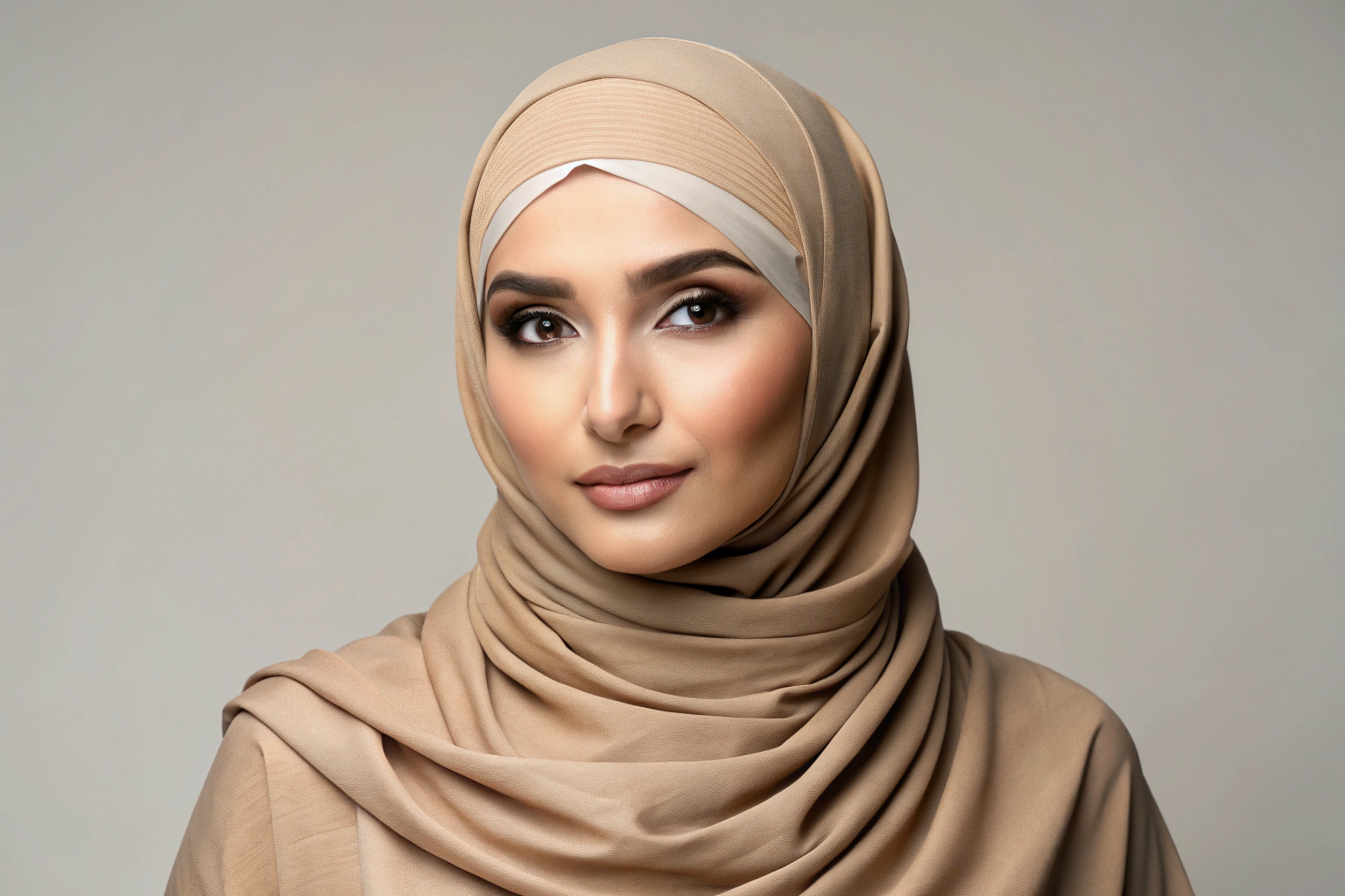 Eine muslimische Frau mit einem mehrschichtigen Hijab in erdigen Farbtönen, der elegant drapiert ist und natürliche Falten wirft, vor einem hellen Hintergrund